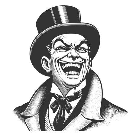 sinister man with a wide grin, top hat, and exaggerated features in formal attire sketch engraving fictional character raster illustration. Scratch board imitation. Black and white.の写真素材