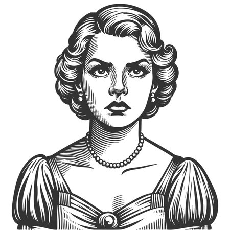serious-looking woman in a formal gown with pearls, styled in a classic vintage fashion sketch engraving fictional character raster illustration. Scratch board. Black and white image.の写真素材