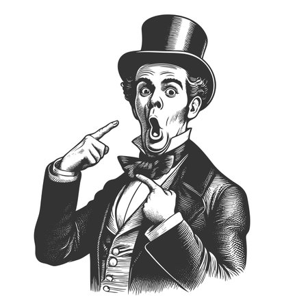 shocked man in a top hat dramatically pointing at his bow tie with wide open mouth sketch engraving fictional character raster illustration. Scratch board imitation. Black and white.の写真素材