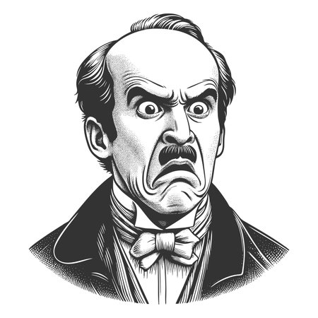 man with a disgusted facial expression, drawn in humorous retro style sketch engraving fictional character raster illustration. Scratch board imitation. Black and white image.の写真素材
