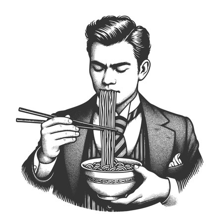 man in formal Victorian attire using chopsticks to eat a bowl of noodles sketch engraving fictional character raster illustration. Scratch board imitation. Black and white image.の写真素材