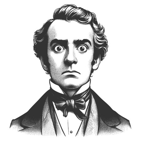 man with wide eyes and puckered lips, expressing shock or amazement in vintage attire sketch engraving fictional character raster illustration. Scratch board imitation. Black and white.の写真素材