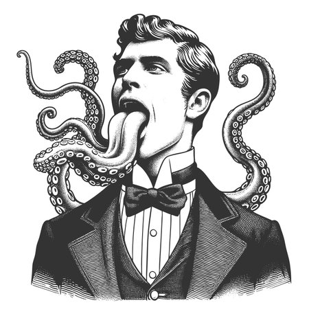 man with a tentacle instead of a tongue, creating a surreal and bizarre effect sketch engraving fictional character raster illustration. Scratch board imitation. Black and white image.の写真素材