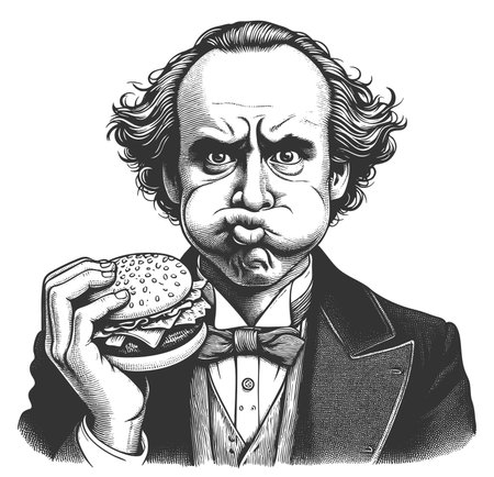 man in formal attire, cheeks puffed out comically eating large hamburger in hand sketch engraving fictional character raster illustration. Scratch board imitation. Black and white image.の写真素材