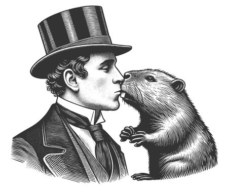 Funny man affectionately kissing a beaver on the nose sketch engraving fictional character raster illustration. Scratch board imitation. Black and white image.の写真素材