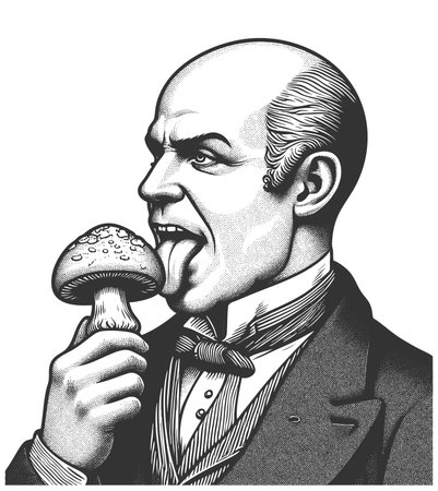 bald man in formal attire licking a mushroom with a curious and odd expression sketch engraving fictional character raster illustration. Scratch board imitation. Black and white image.の写真素材