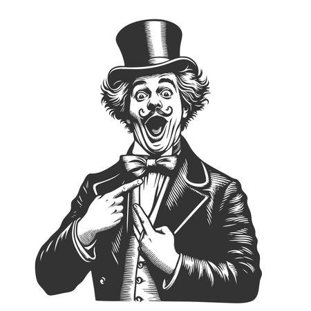 surprised man in a top hat and suit, enthusiastically pointing at his oversized bow tie sketch engraving fictional character vector illustration. Scratch board. Black and white image.のイラスト素材