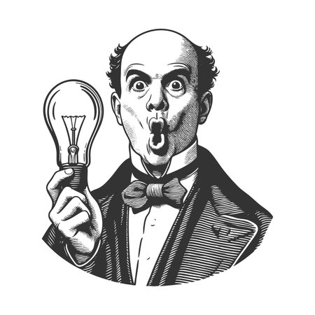 excited Victorian gentleman holding a glowing light bulb, sudden creative idea or realization sketch engraving fictional character raster illustration. Scratch board. Black and white.の写真素材