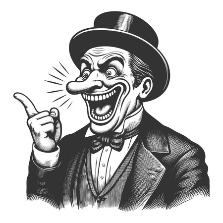 wide-eyed man with a huge grin, top hat, and bowtie pointing excitedly in black and white sketch engraving fictional character vector illustration. Scratch board. Black and white image.のイラスト素材