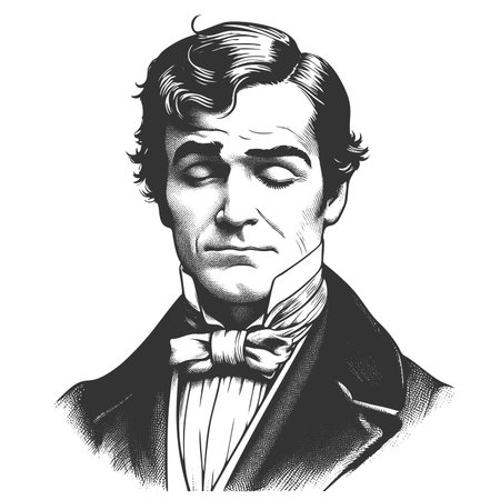 man in formal attire with eyes closed and a calm, introspective facial expression sketch engraving...