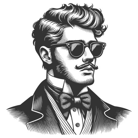 stylish man with slick hr, mustache, sunglasses, and vintage clothing in a confident pose sketch engraving fictional character raster illustration. Scratch board. Black and white.の写真素材