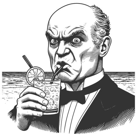 stern bald man in formal wear drinking a citrus cocktl with a straw by the ocean sketch engraving fictional character raster illustration. Scratch board imitation. Black and white.の写真素材