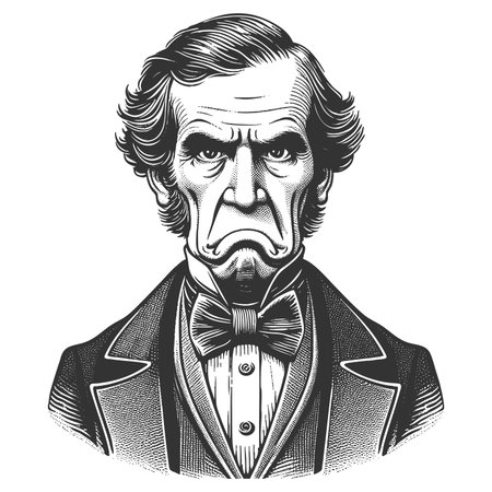 man in a suit and bow tie, frowning with a stern, serious facial expression sketch engraving fictional character raster illustration. Scratch board imitation. Black and white image.の写真素材