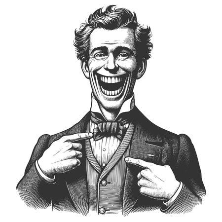 happy man in formal attire, smiling widely and pointing proudly at his bow tie with both hands sketch engraving fictional character raster illustration. Scratch board. Black and white.の写真素材