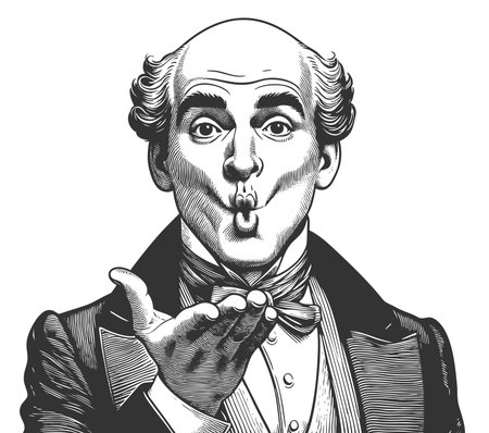 Funny bald Victorian man puckering his lips and blowing a kiss with a humorous expression sketch engraving fictional character raster illustration. Scratch board. Black and white image.の写真素材
