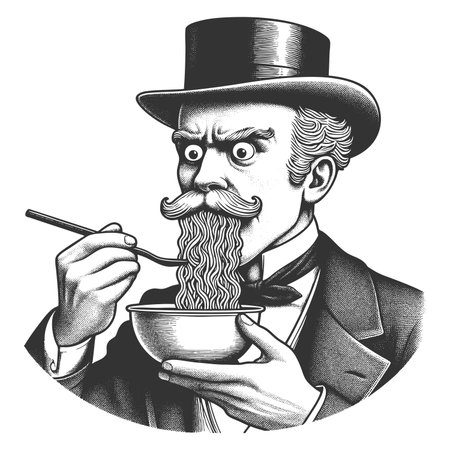 surprised gentleman in a top hat with noodles flowing from his mouth like a beard sketch engraving fictional character raster illustration. Scratch board imitation. Black and white.の写真素材