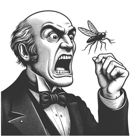 furious man in formal attire shouting at a large mosquito perched on his hand sketch engraving fictional character raster illustration. Scratch board imitation. Black and white image.の写真素材