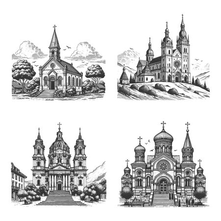historic churches in various architectural styles Set collection bundle sketch engraving raster illustration. Scratch board imitation. Black and white image.の写真素材