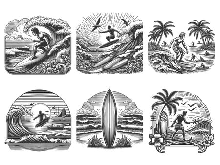 surfers riding waves, surfboards, and tropical beach Set collection bundle sketch engraving vector illustration. Scratch board imitation. Black and white image.のイラスト素材