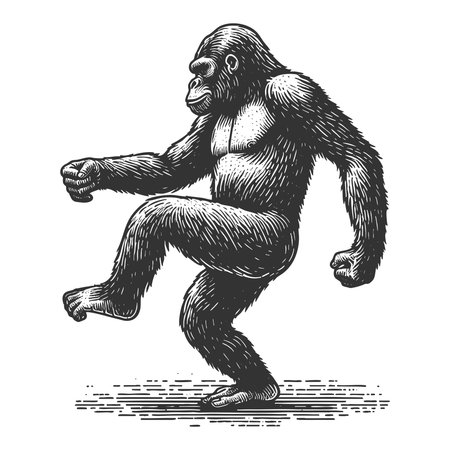 gorilla dancing sketch engraving fictional character vector illustration. Scratch board imitation. Black and white image.のイラスト素材