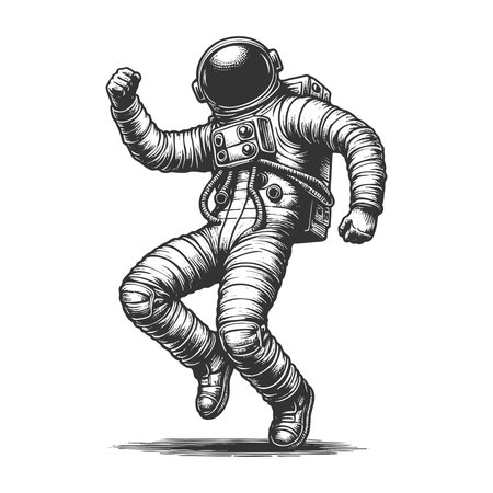 joyful astronaut dancing in space among stars sketch engraving fictional character vector illustration. Scratch board imitation. Black and white image.のイラスト素材