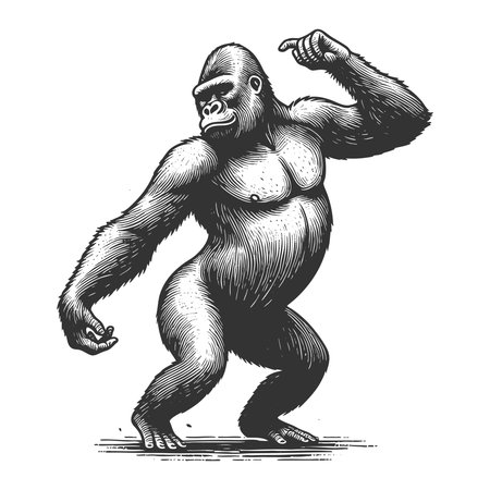 gorilla dancing sketch engraving fictional character vector illustration. Scratch board imitation. Black and white image.のイラスト素材