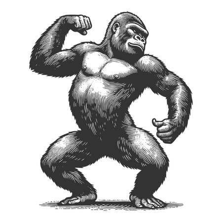 gorilla dancing sketch engraving fictional character vector illustration. Scratch board imitation....