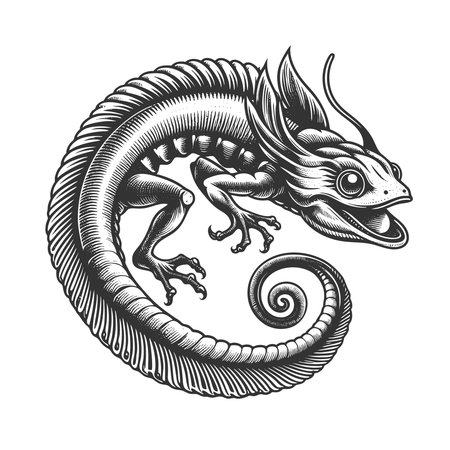 fantasy lizard with curled tl sketch engraving vector illustration. Scratch board imitation. Black and white image.のイラスト素材