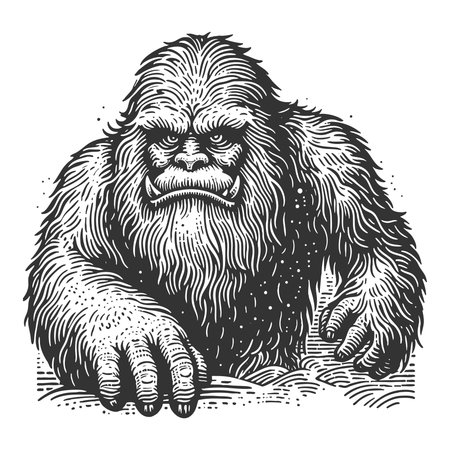 furious yeti crawling from snow sketch engraving fictional character vector illustration. Scratch board imitation. Black and white image.のイラスト素材