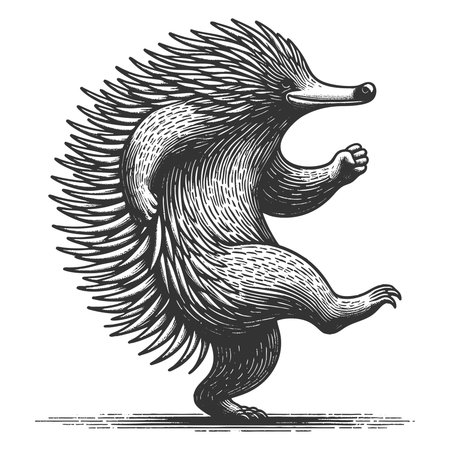 joyful echidna dancing sketch engraving fictional character vector illustration. Scratch board imitation. Black and white image.のイラスト素材