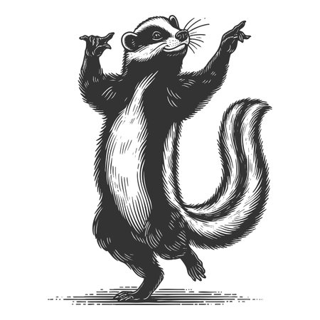Dancing Skunk sketch engraving fictional character raster illustration. Scratch board imitation. Black and white image.の写真素材