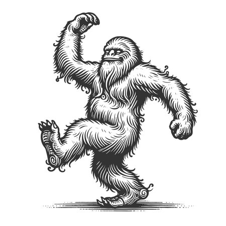 Dancing Yeti sketch engraving fictional character raster illustration. Scratch board imitation. Black and white image.の写真素材