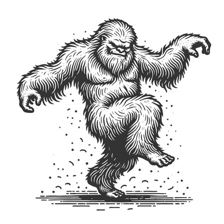 Dancing Yeti sketch engraving fictional character raster illustration. Scratch board imitation. Black and white image.の写真素材