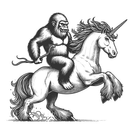 yeti riding a majestic unicorn sketch engraving fictional character vector illustration. Scratch board imitation. Black and white image.のイラスト素材