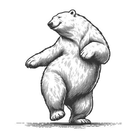 Polar bear dancing sketch engraving fictional character raster illustration. Scratch board imitation. Black and white image.の写真素材