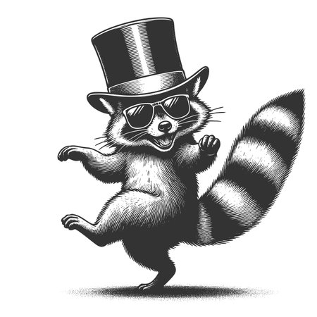 cheerful raccoon dancing with a tall top hat, full of charm and playfulness sketch engraving raster illustration. Scratch board imitation. Black and white image.の写真素材