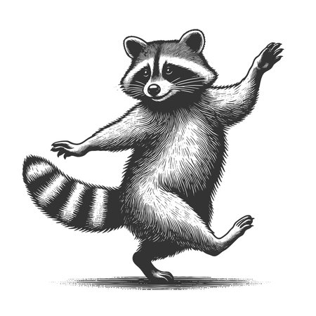 cheerful raccoon dancing, full of charm and playfulness sketch engraving raster illustration. Scratch board imitation. Black and white image.の写真素材