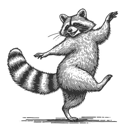 cheerful raccoon dancing, full of charm and playfulness sketch engraving raster illustration. Scratch board imitation. Black and white image.の写真素材