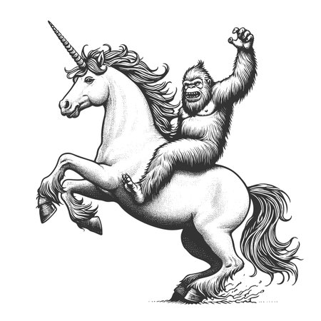 yeti riding a majestic unicorn sketch engraving fictional character raster illustration. Scratch board imitation. Black and white image.の写真素材