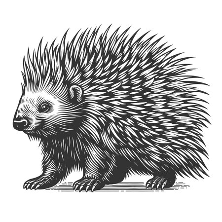 Porcupine with Quills sketch engraving fictional character raster illustration. Scratch board imitation. Black and white image.の写真素材