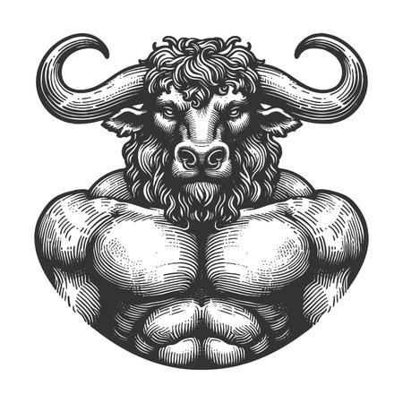 Muscular Minotaur sketch engraving fictional character raster illustration. Scratch board imitation. Black and white image.の写真素材
