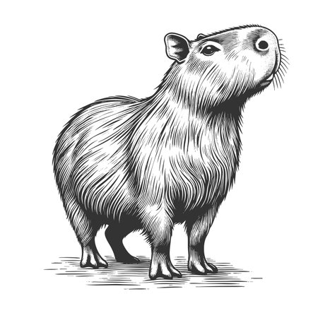 Capybara sketch engraving fictional character raster illustration. Scratch board imitation. Black and white image.の写真素材