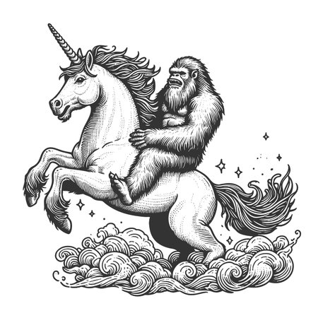 yeti riding a majestic unicorn sketch engraving fictional character raster illustration. Scratch board imitation. Black and white image.の写真素材