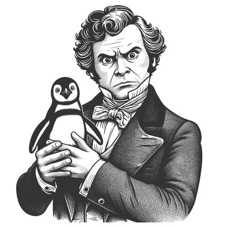 Victorian gentleman in a top hat holding a surprised penguin sketch engraving fictional character raster illustration. Scratch board imitation. Black and white image.の写真素材