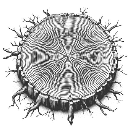 tree trunk cross section showing growth rings sketch engraving fictional character raster illustration. Scratch board imitation. Black and white image.の写真素材