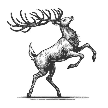 majestic deer stag rising on hind legs sketch engraving fictional character vector illustration. Scratch board imitation. Black and white image.のイラスト素材