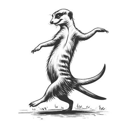 Dancing Meerkat sketch engraving fictional character vector illustration. Scratch board imitation. Black and white image.のイラスト素材