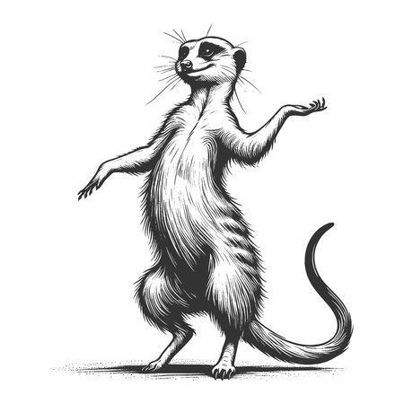 Dancing Meerkat sketch engraving fictional character vector illustration. Scratch board imitation. Black and white image.のイラスト素材