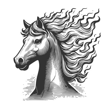 majestic horse head with a long, flowing mane full of motion and elegance sketch engraving vector illustration. Scratch board imitation. Black and white image.のイラスト素材
