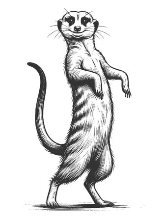 Dancing Meerkat sketch engraving fictional character vector illustration. Scratch board imitation. Black and white image.のイラスト素材